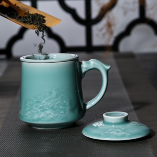 青瓷茶杯陶瓷带盖茶水分离过滤茶漏办公室女个人专用喝茶泡茶杯子