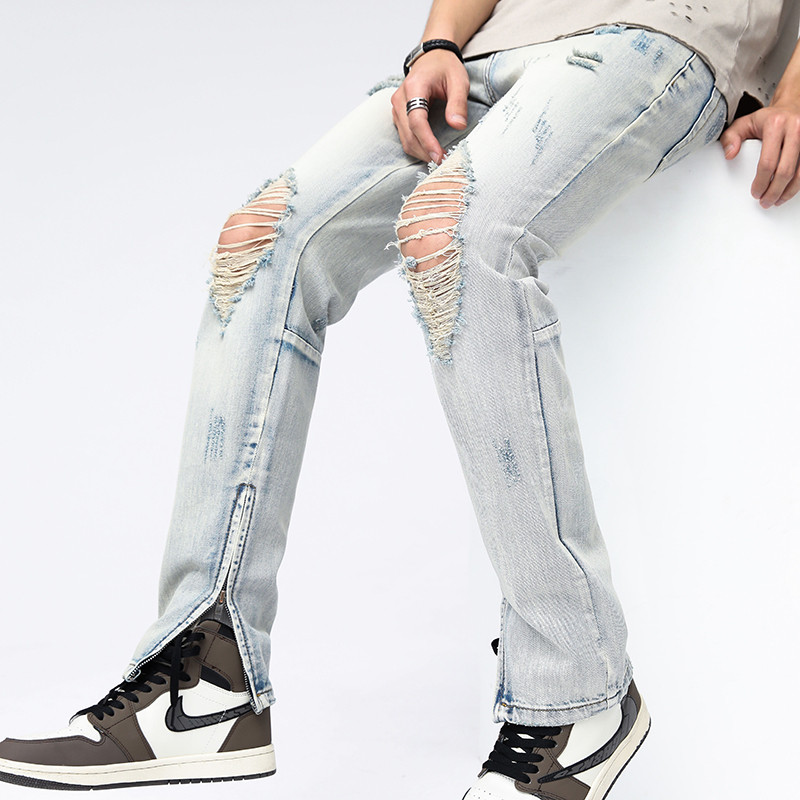 2024 신일본식 다용도 라이트 블루 찢어진 데님 바지 스트레이트 루즈한 얇은 사이드 지퍼 청바지