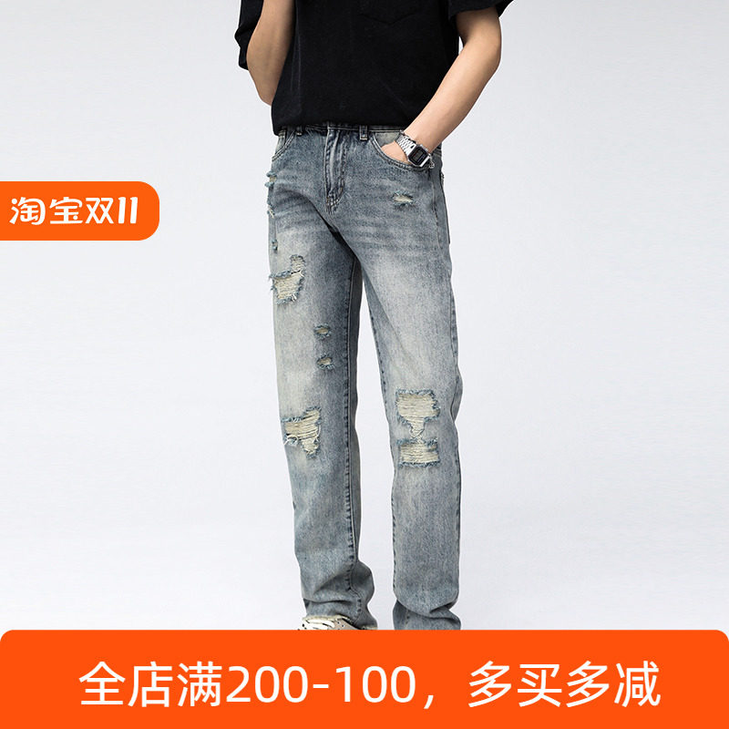 WUYAN ZUS BROKEN SHOP 2024 일본 봄 여름 찢어진 청바지 레트로 블루 캐주얼 바지 루즈 스트레이트 레그 와이드 레그 팬츠