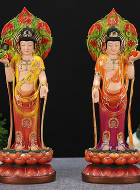 中式多款敦煌彩日光月光菩萨东方三圣像药师佛护法桌面佛像摆件