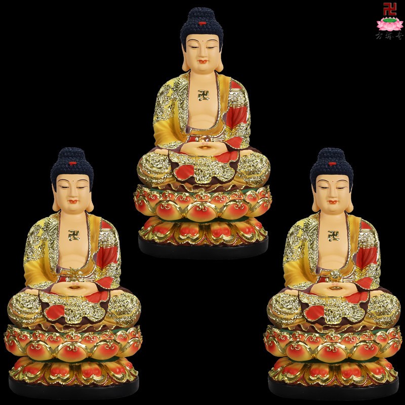 中式12寸七彩佛堂三宝佛阿弥陀佛释迦牟尼佛药师佛三世佛佛像摆件