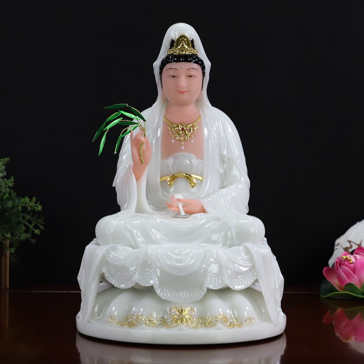 汉白玉观音居家中式家用滴水宝瓶描金南海观世音菩萨佛像摆件