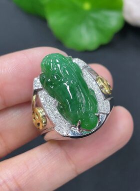 翡翠天然A货18K金镶嵌满绿貔貅戒指男戒圈口19.5MM8.93克