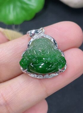 翡翠天然A货18K金镶嵌满绿佛公吊坠坠子缅料3.6克17.8MM