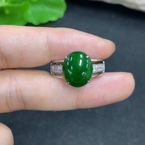 18K金镶嵌翡翠天然A货满绿男戒戒指圈口19MM6.2克