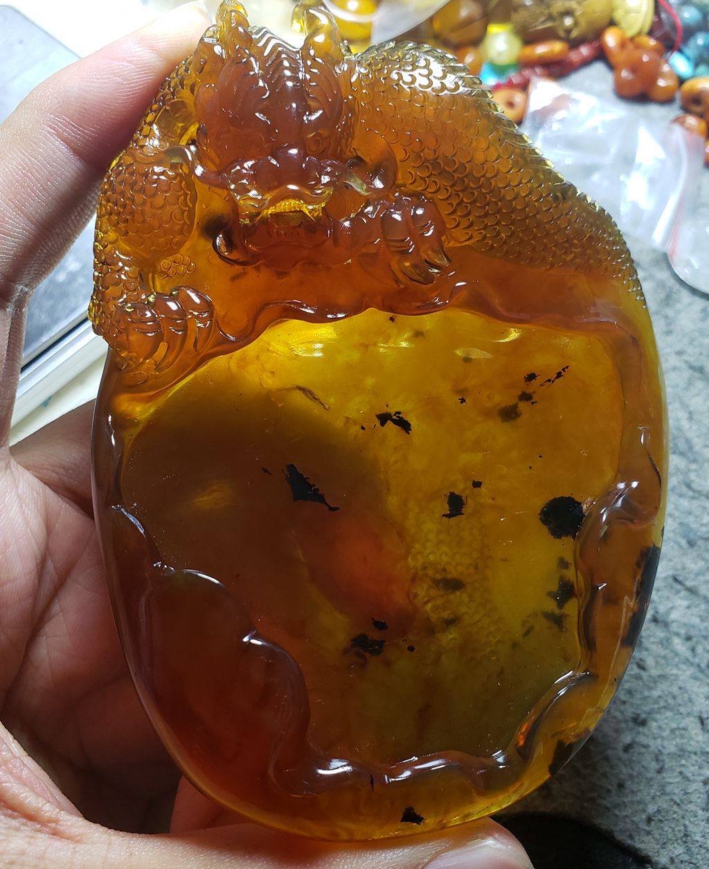 缅甸琥珀 金棕珀 笔洗 研磨用 实用器 摆件 雕龙 85.3克 11.4CM