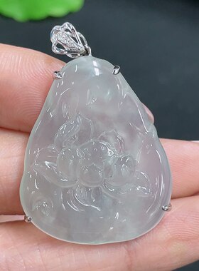 翡翠天然A货18K金镶嵌荷花莲花吊坠坠子9克38MM