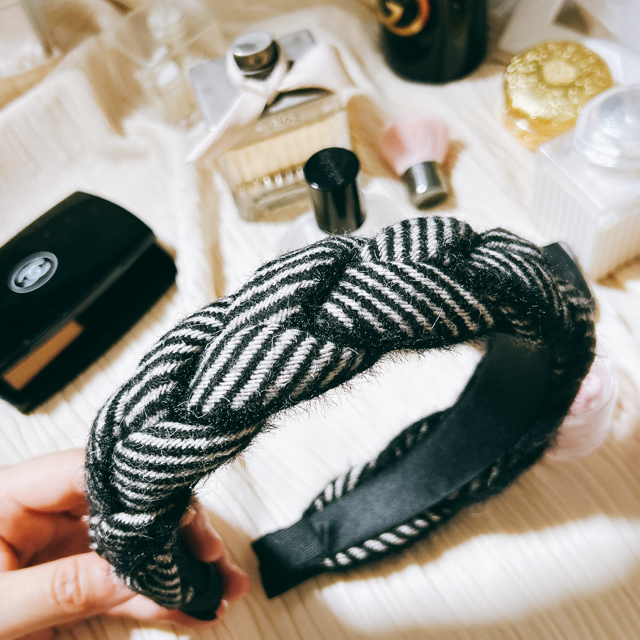 韩国进口小香风东大门麻花条纹编织羊毛呢超大发箍头箍发卡