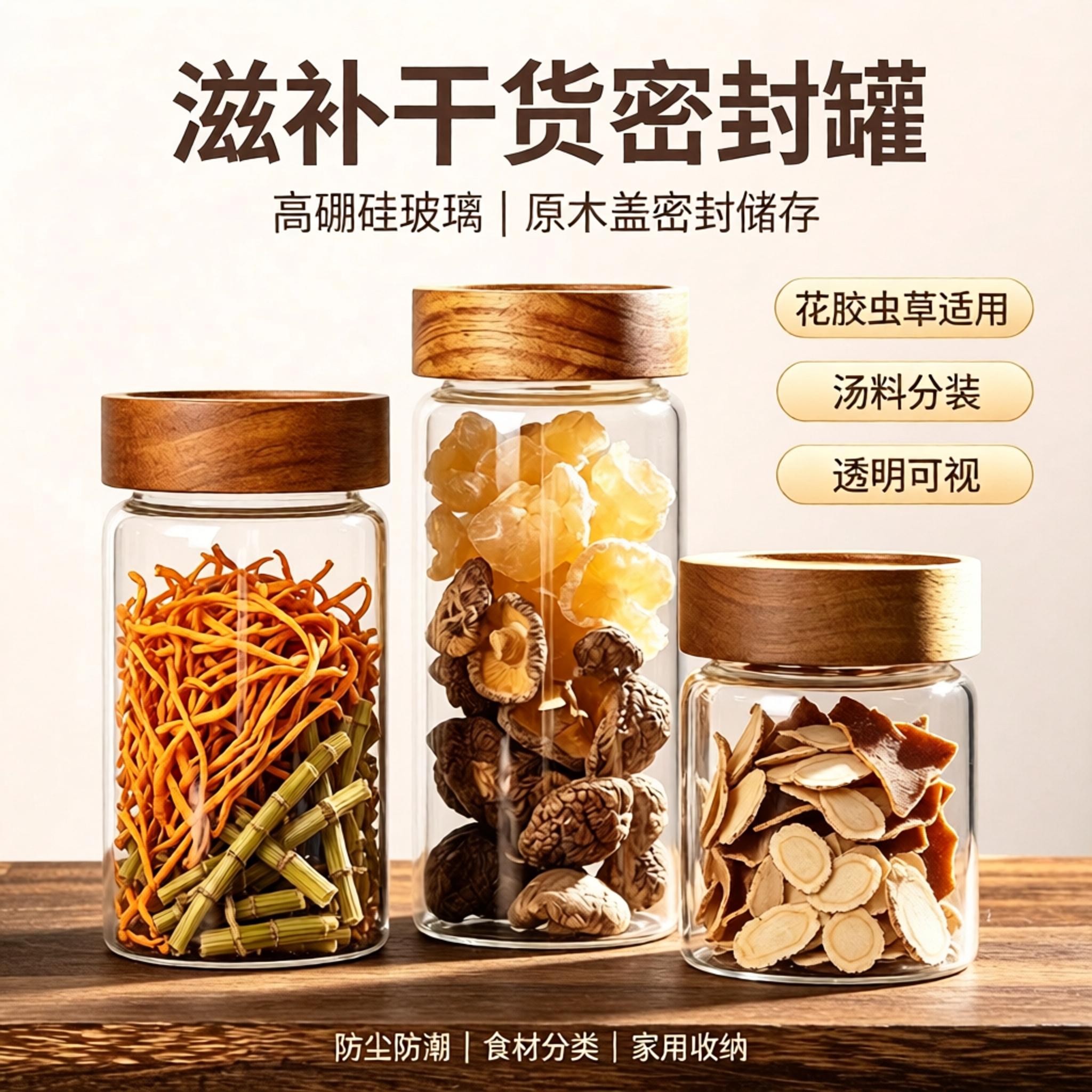 高硼硅玻璃密封罐花胶虫草陈皮干货储存罐原木盖食品级药材收纳瓶