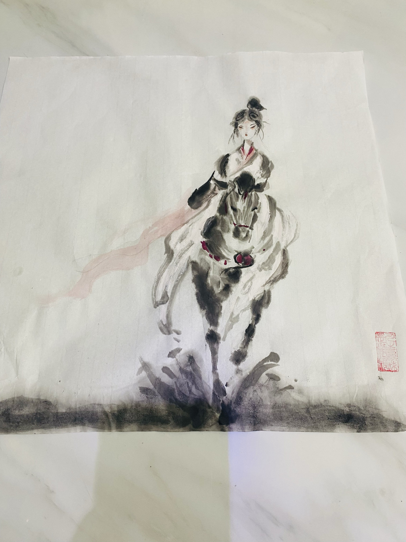 国风水墨人物 纯手工制作 毛笔画 骑马少年 以梦为马不负韶华