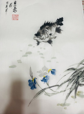 纯手绘国画写意国画鱼子非鱼焉知鱼之乐装饰画客厅玄关挂画可定制