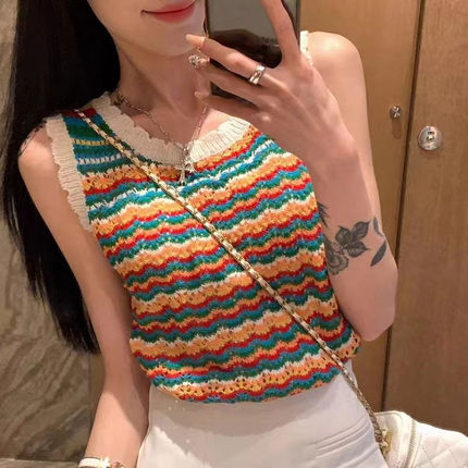 复古镂空彩虹条纹花边圆领无袖针织吊带背心淑女修身甜美短款上衣