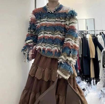 复古橘色条纹流苏蓬蓬圆领长袖软糯毛线衫女宽松甜美气质厚实上衣