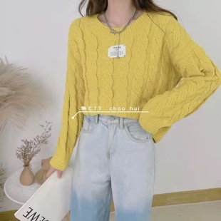 复古橘黄粉蓝果绿雪尼绒加厚长袖针织毛衣女宽松打底短款上衣秋冬