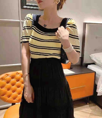 法式粉紫黄绿条纹泡泡袖方领冰丝薄款针织T恤女大码打底清凉上衣