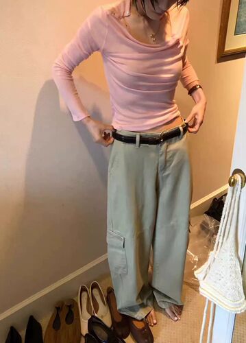 VIA POBBY韩国小众设计感斜肩长袖T恤女修身显瘦露肩打底衫上衣