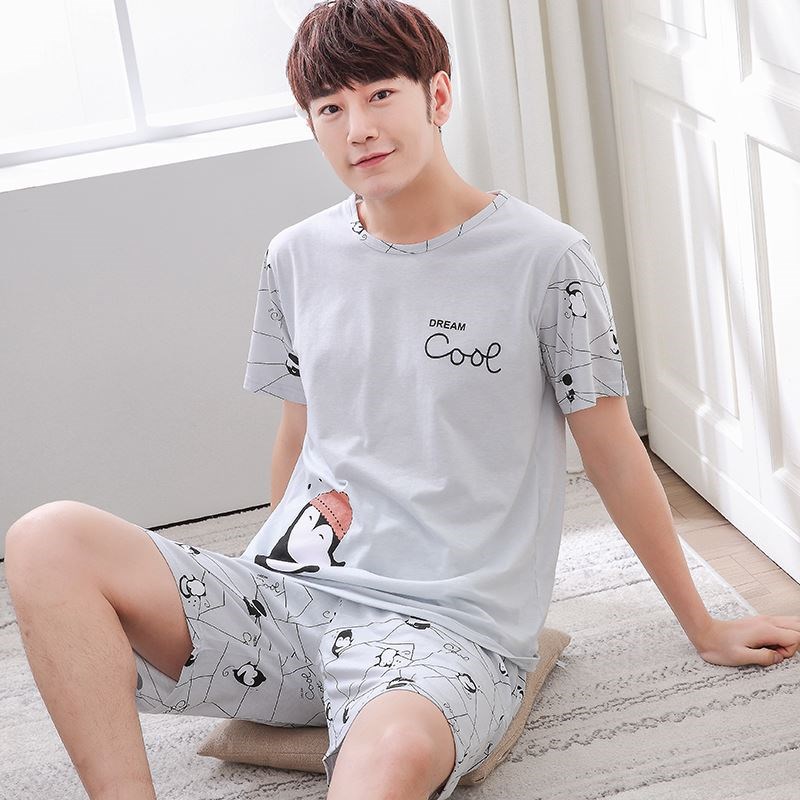 初中套裝2018夏裝春夏棉綢年輕漂亮睡衣男夏短袖純棉都市超薄男孩