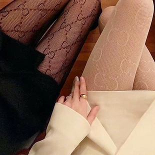 G家丝袜字母连裤袜蕾丝袜性感网眼黑色美腿米白镂空网袜