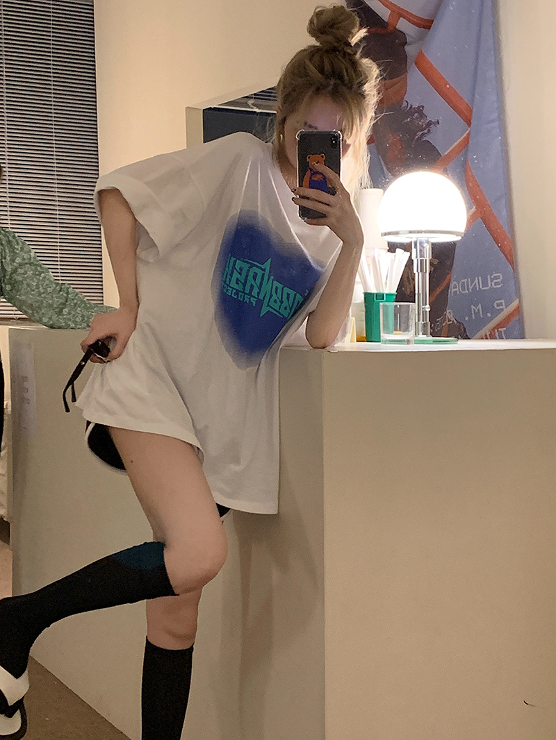 Real price loose and versatile front and back letters love print round neck short sleeve T-shirt for women