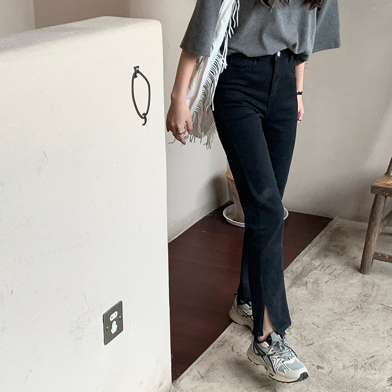 Real price high waist skinny jeans women's slim stretch split cropped pants