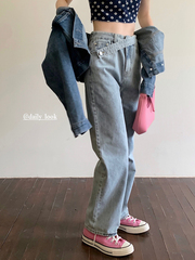 Real price design with oblique buckle belt denim pants for women's loose and versatile high waist and thin straight pants for Dad
