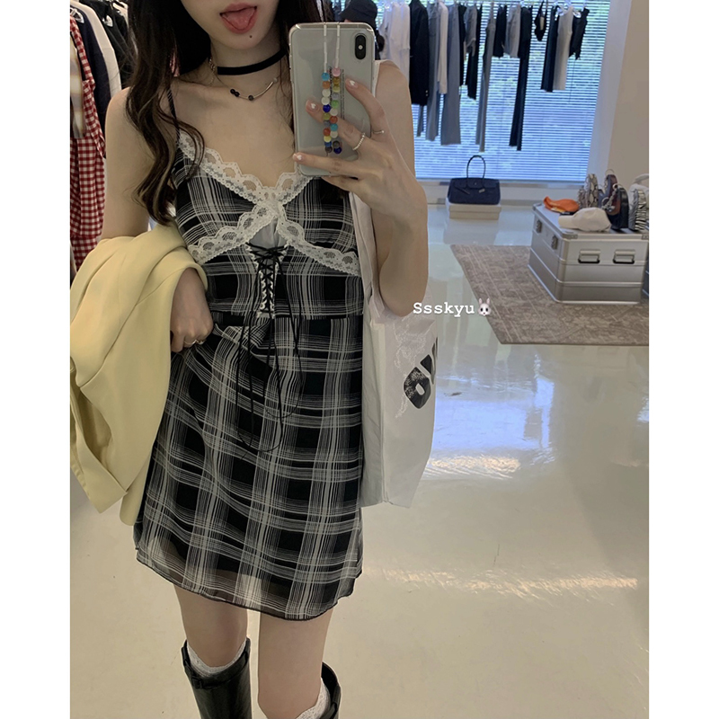 Real price lattice suspender dress women Chiffon pure desire Style Lace splicing bandage show thin A-line short skirt summer