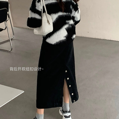 Back slit denim skirt with real price button design, high waist and versatile medium length A-line hip skirt