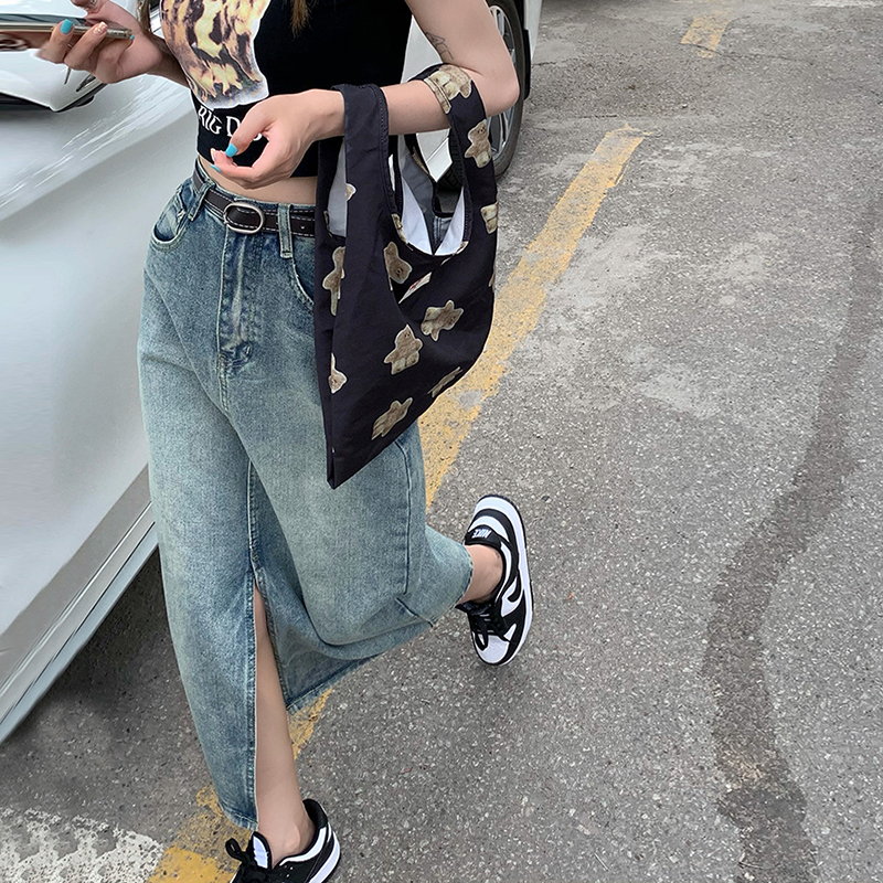 Real price washable and versatile denim skirt with high waist and thin front split and medium length skirt