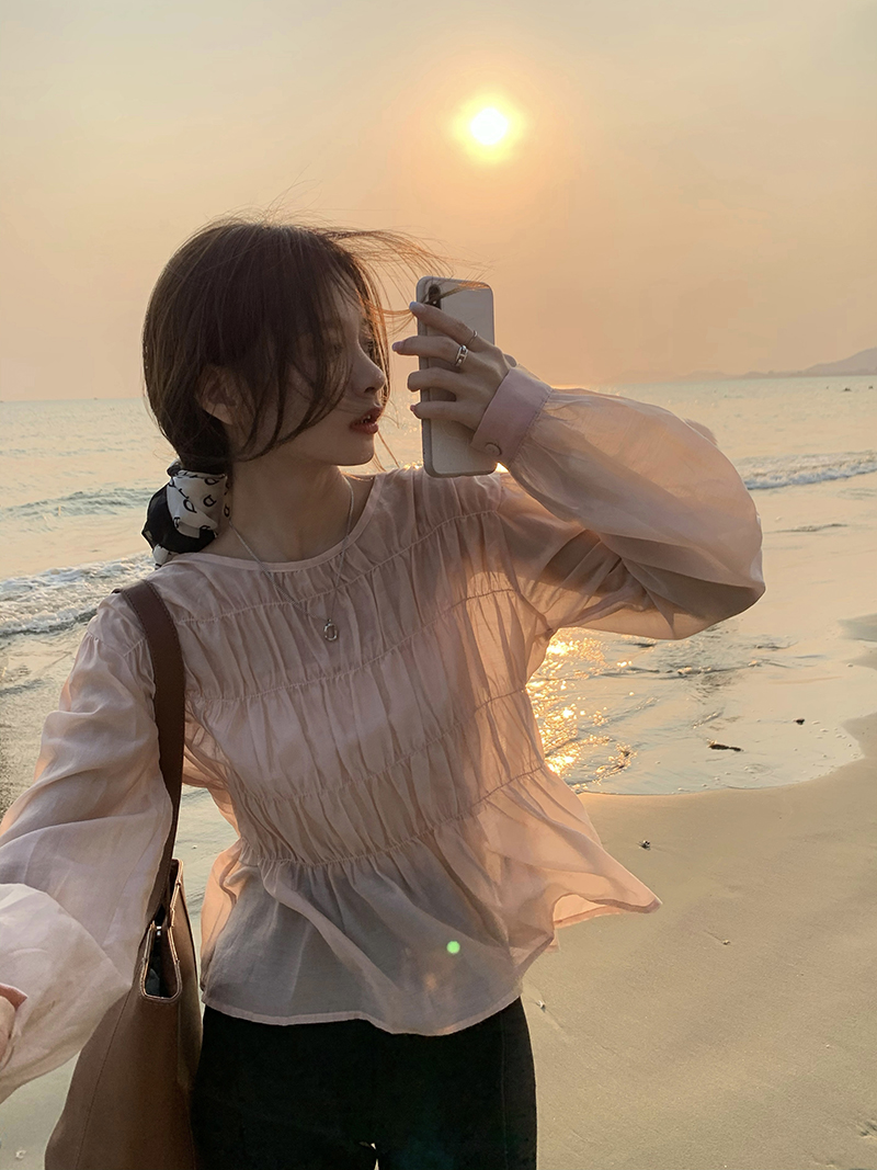 Real price pleated long sleeve shirt women's wide loose air gentle wind sweet bubble sleeve top