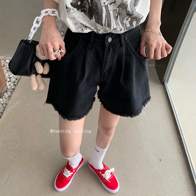 Real price black washed fringed denim shorts women's loose and versatile casual wide leg pants