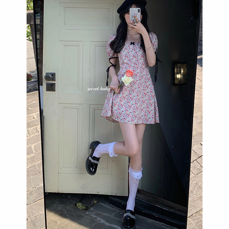 Real price square neck bubble short sleeve Pink Floral Dress Small skinny bow tie tie short skirt