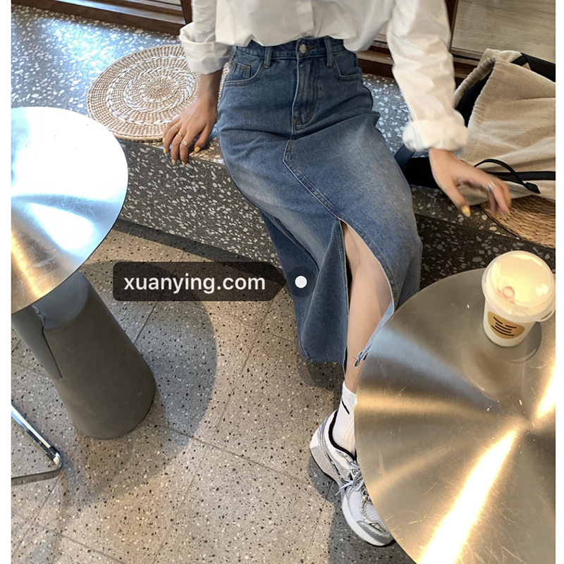 Real price wash versatile high waist slim front split length denim skirt A-line skirt