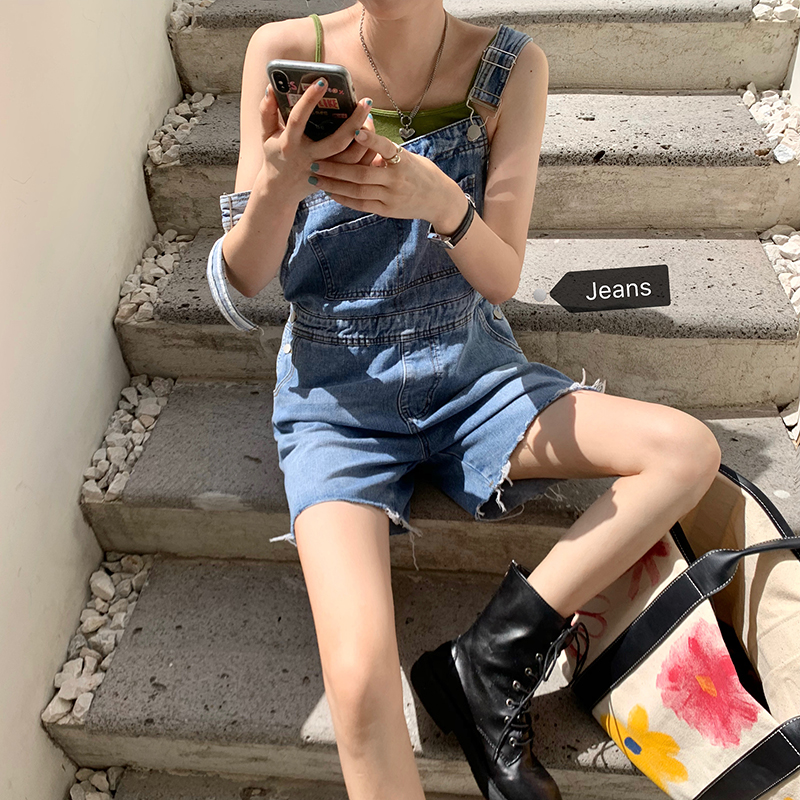 Real price washed raw edge age reducing versatile denim strap short women