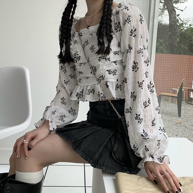 Real price rose pleated square neck bubble sleeve short shirt T-shirt for women