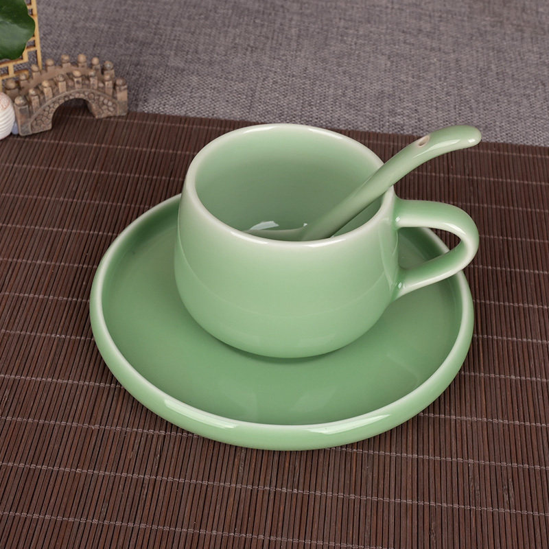 流转千年青瓷小号咖啡杯碟勺三件套装陶瓷水杯早餐牛奶杯情侣杯