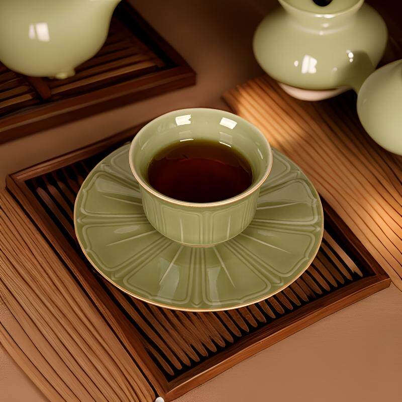 青瓷茶具方莲花杯茶托套装