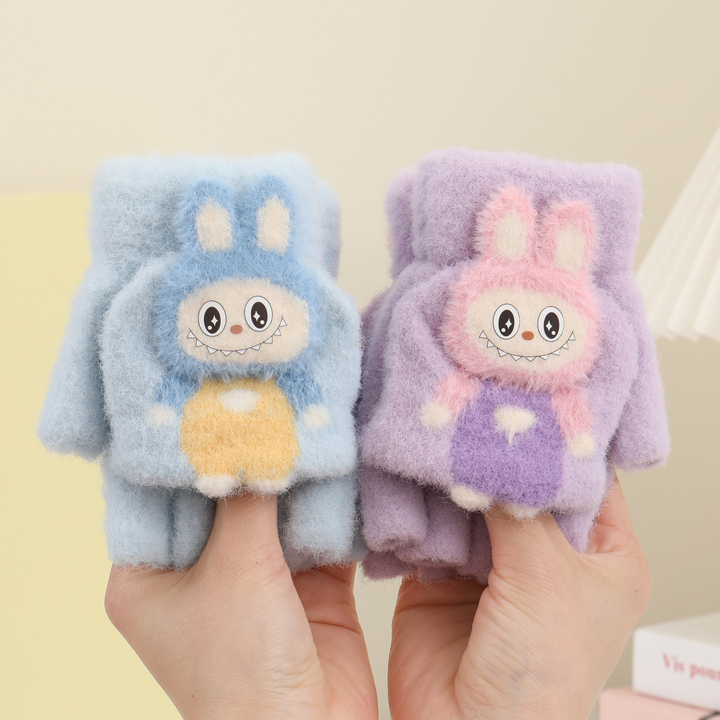 拉布布儿童半指翻盖手套3-15岁宝宝冬季保暖中大童加厚男童女童6