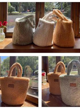 HSXBB日式新款洋气可爱羊羔毛包毛绒包秋冬少女学生手提包手拎包