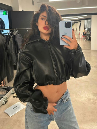 肯豆KendallKylie同款连帽皮衣