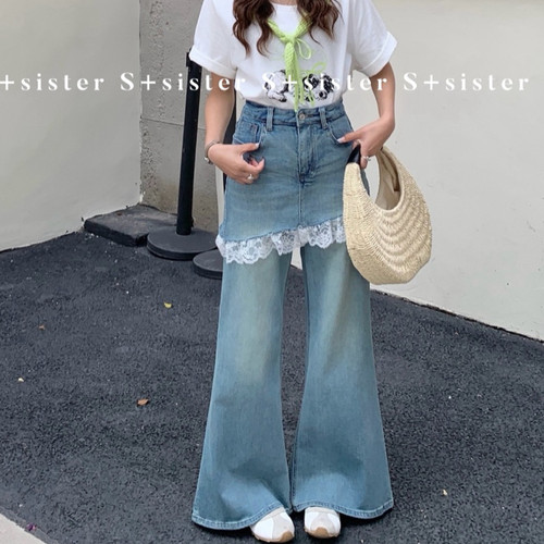 【肉思RS】S+8795大码女装蕾丝拼接牛仔裤屁帘裤假两件阔腿裤女