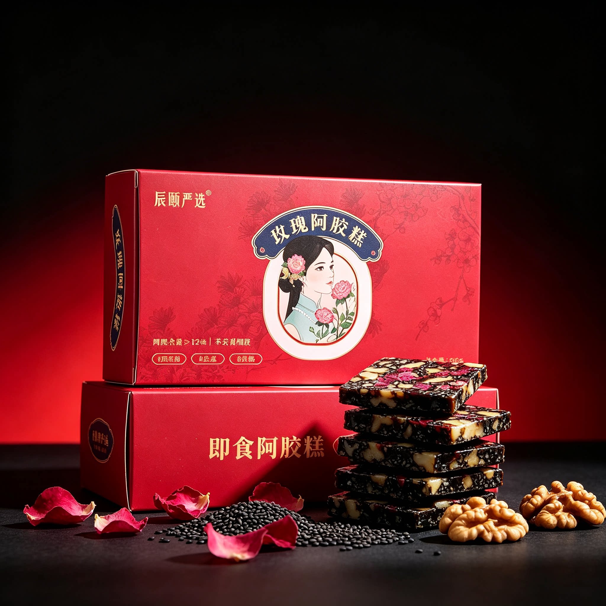 玫瑰阿胶糕即食独立包装无黄明胶黑芝麻核桃女士日常养气色固元糕