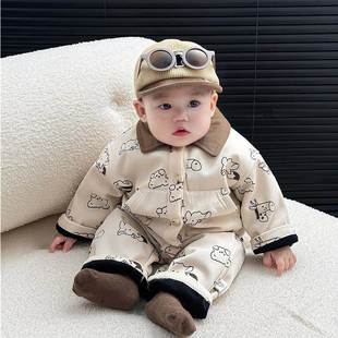加厚男女宝宝卡通加绒棉衣背带裤 品牌折扣婴儿衣服冬装 两件套新生