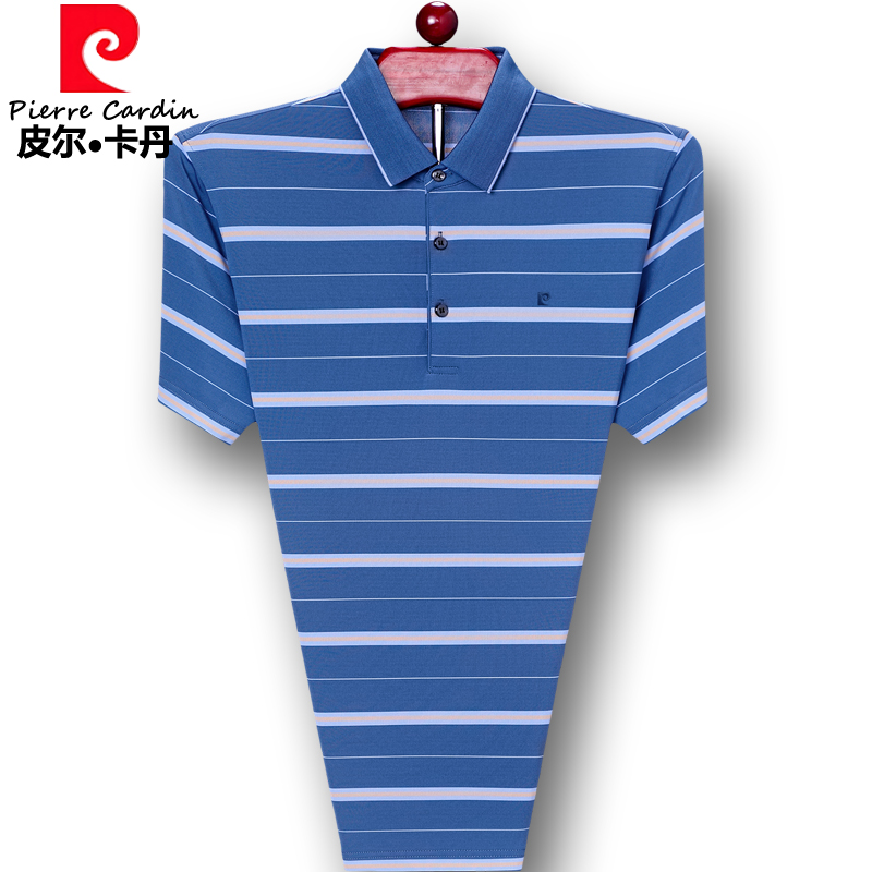 皮尔卡丹高端男士短袖t恤夏季桑蚕丝中年爸爸上衣服条纹半袖体恤