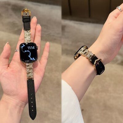 小香风适用苹果iwatchs10/87不规则镶钻表链拼荔枝纹9pro小米s456