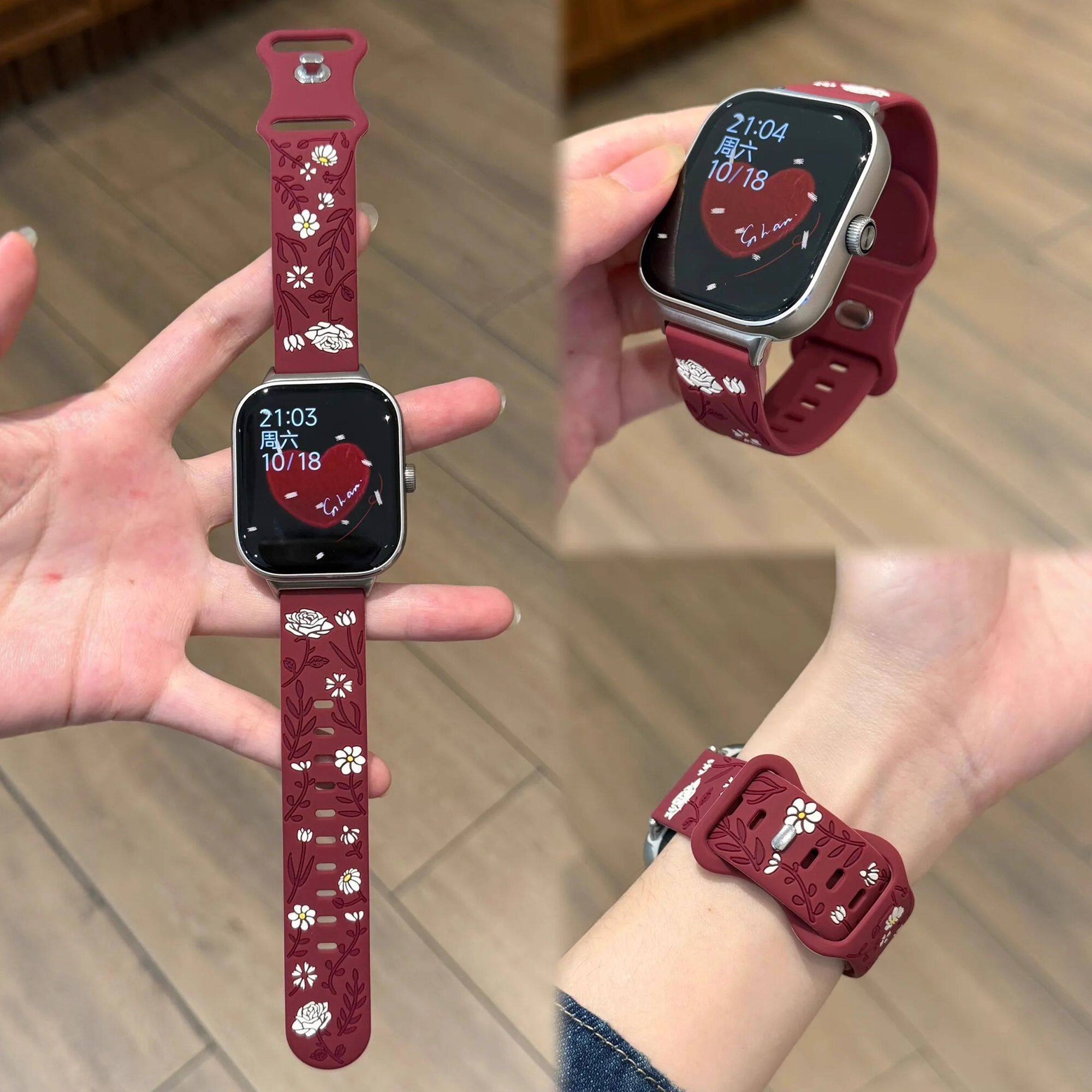 适用小米8/9pro表带红米watch456雕刻硅胶玫瑰花iQOOvivogt2腕带