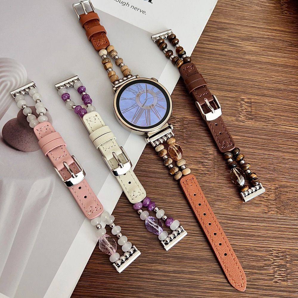 水晶天然石串珠表带适用华为gt6手环10真皮9/8荣耀x5profit4亲选2