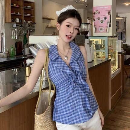 复古性感荷叶边无袖挂脖上衣女夏季格子蝴蝶结露背显瘦辣妹小背心