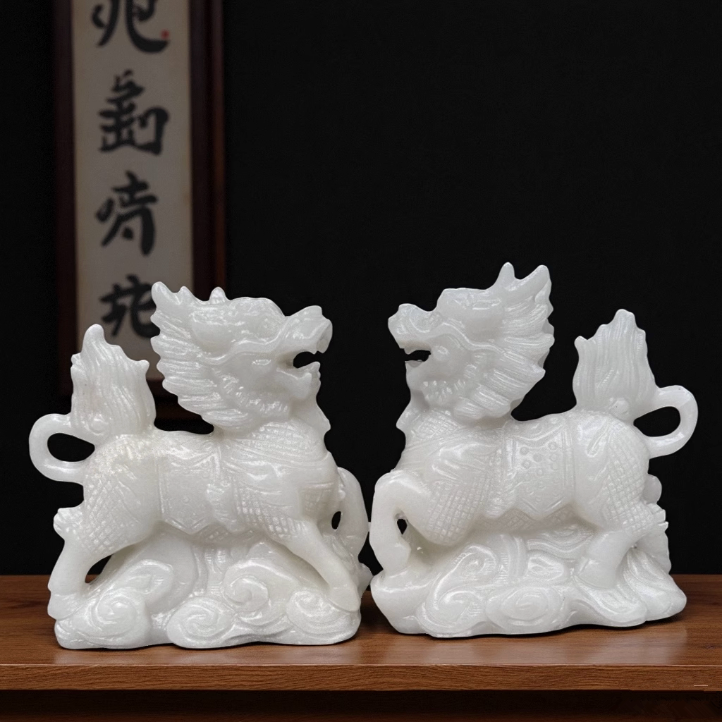 汉白玉麒麟摆件天然玉石公母一对招财瑞兽中式家居装饰品开业送礼