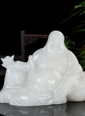 白玉弥勒佛摆件招财风水装饰品客厅书房玄关笑佛元宝佛像天然玉石