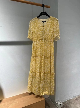 Npaia恩派雅正品国内代购黄色桑蚕丝连衣裙收腰中长裙XZIES4613AY